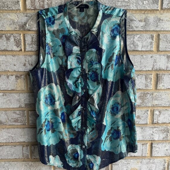 J. Crew Tops - J. Crew Sleeveless Floral Ruffle Botton Front Metallic Blouse Women s Size M